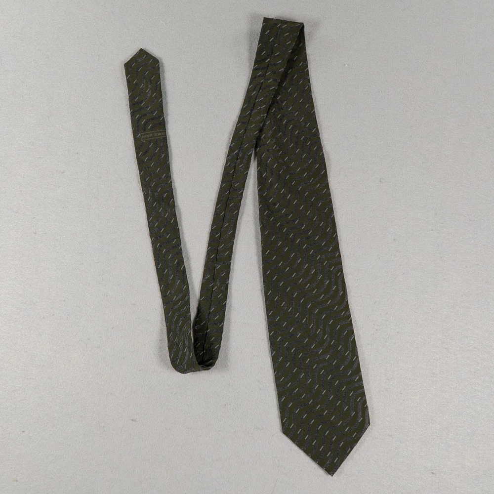 Giorgio Armani Mens Tie Cravatte Wavy Pattern Olive Green Silk Made in Italy